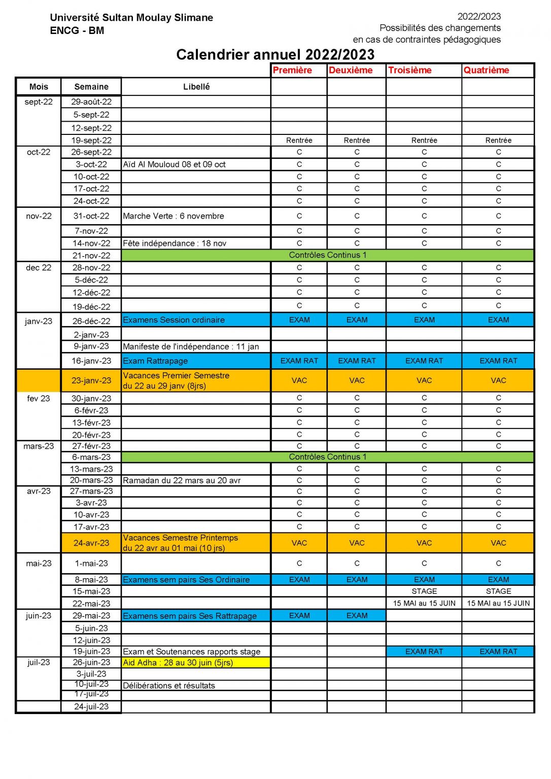 Calendrier annuel ENCG Béni Mellal