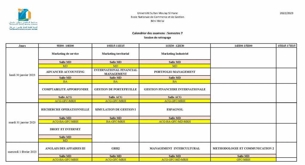 S7 – Calendrier des examens de rattrapage – ENCG – Béni Mellal